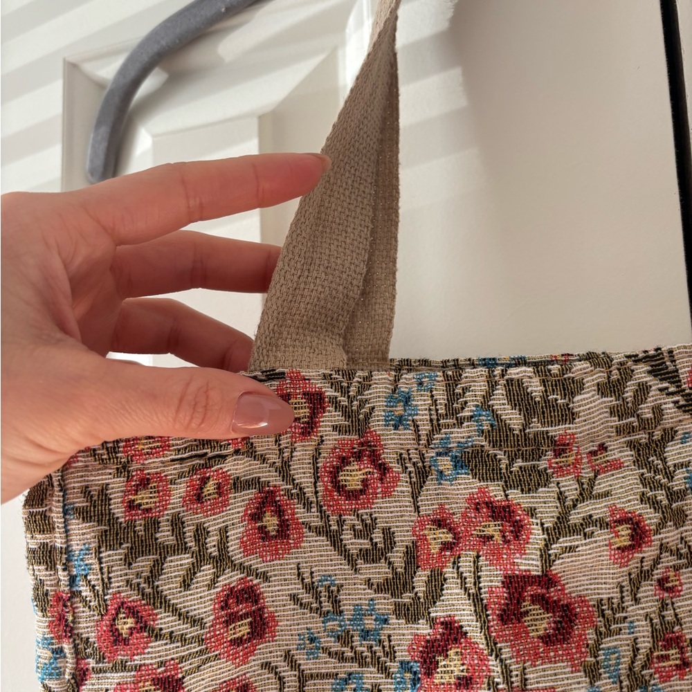 Floral Canvas Tote Bag in Beige with Pink and Blue Accents - Picture 4 of 6